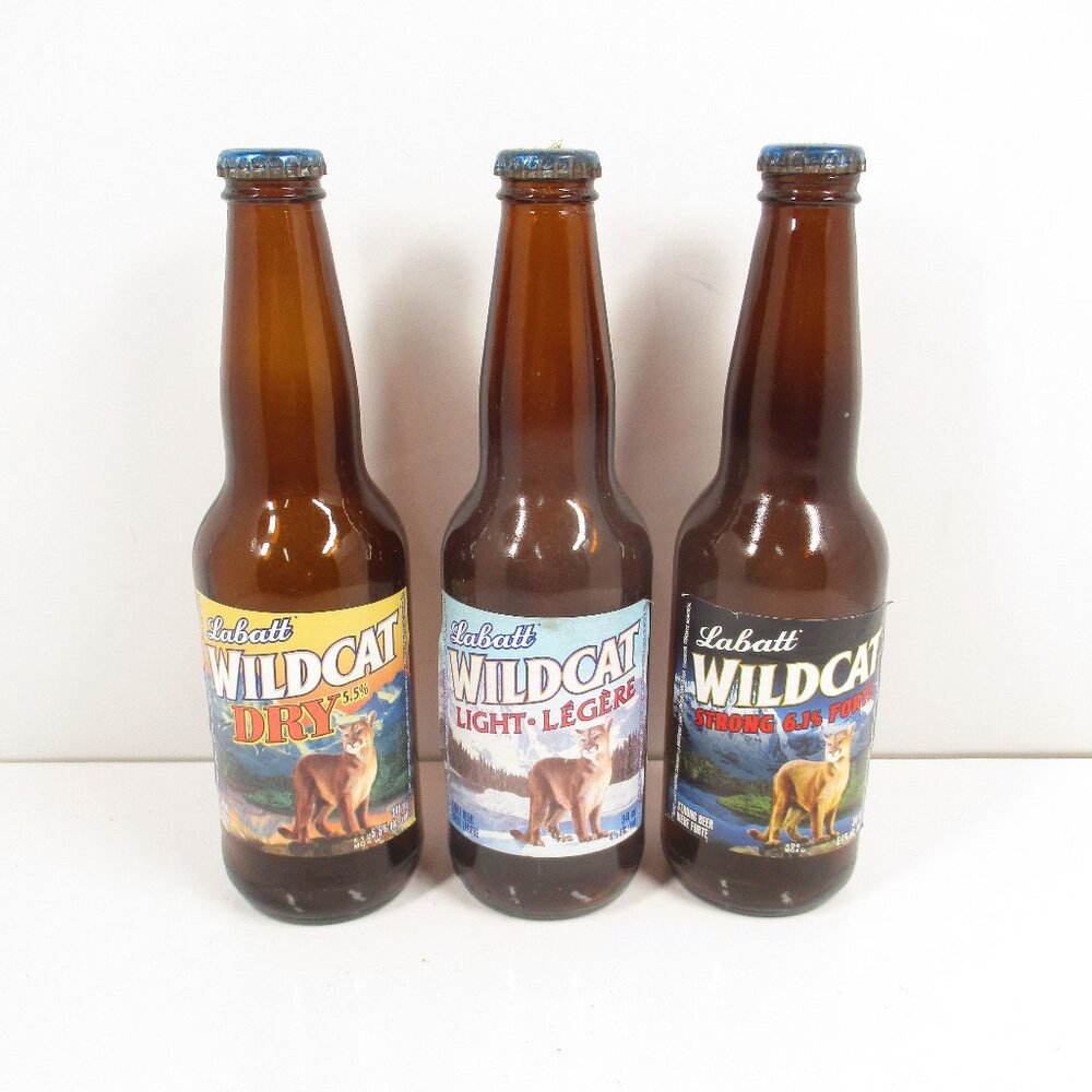 3 Vintage Labatt WILDCAT Beer Bottle W/Cap 341ml Paper Labels Dry, Strong, Light